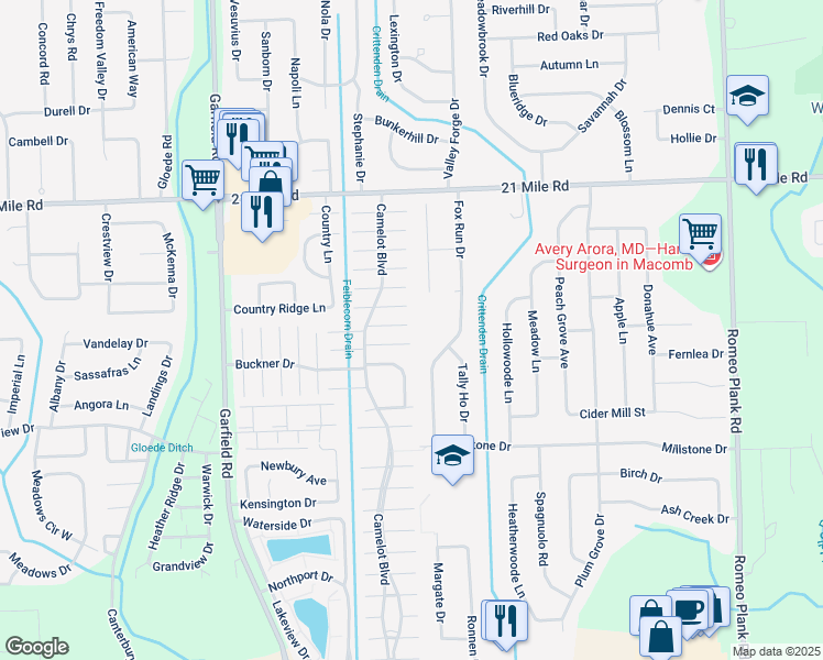 map of restaurants, bars, coffee shops, grocery stores, and more near 46600 Foxtail Court in Macomb