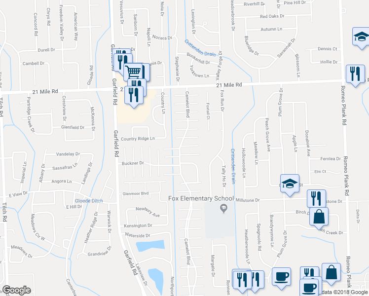 map of restaurants, bars, coffee shops, grocery stores, and more near 17115 Wales Drive in Macomb
