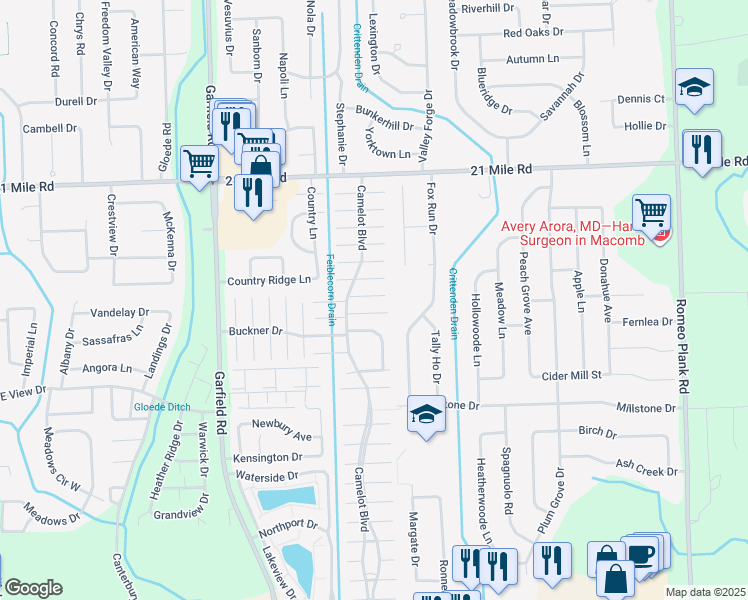 map of restaurants, bars, coffee shops, grocery stores, and more near 17115 Wales Drive in Macomb