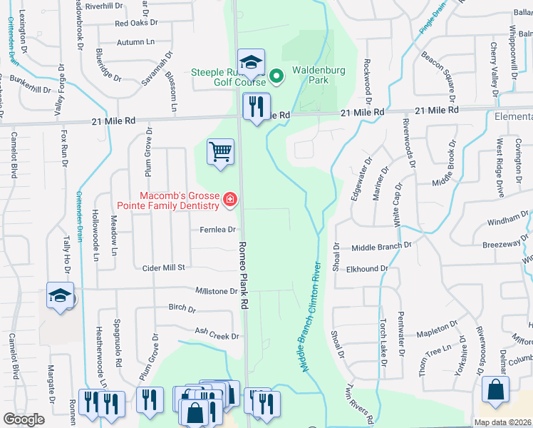 map of restaurants, bars, coffee shops, grocery stores, and more near 46480 Romeo Plank Road in Macomb