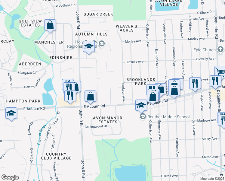 map of restaurants, bars, coffee shops, grocery stores, and more near 2975 Andlaur Drive in Rochester Hills