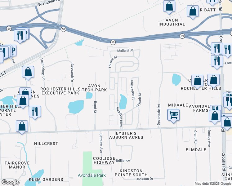 map of restaurants, bars, coffee shops, grocery stores, and more near 152 Whippoorwill Lane in Rochester Hills