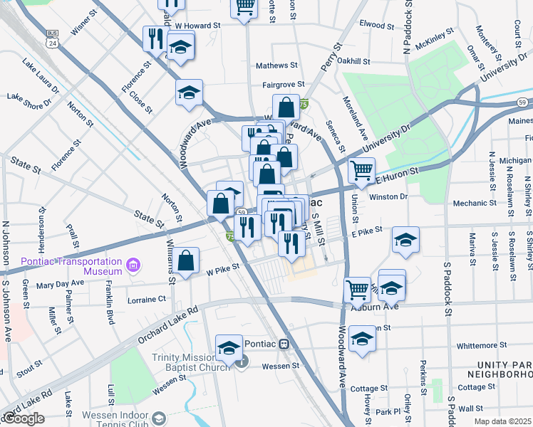 map of restaurants, bars, coffee shops, grocery stores, and more near 18 West Huron Street in Pontiac