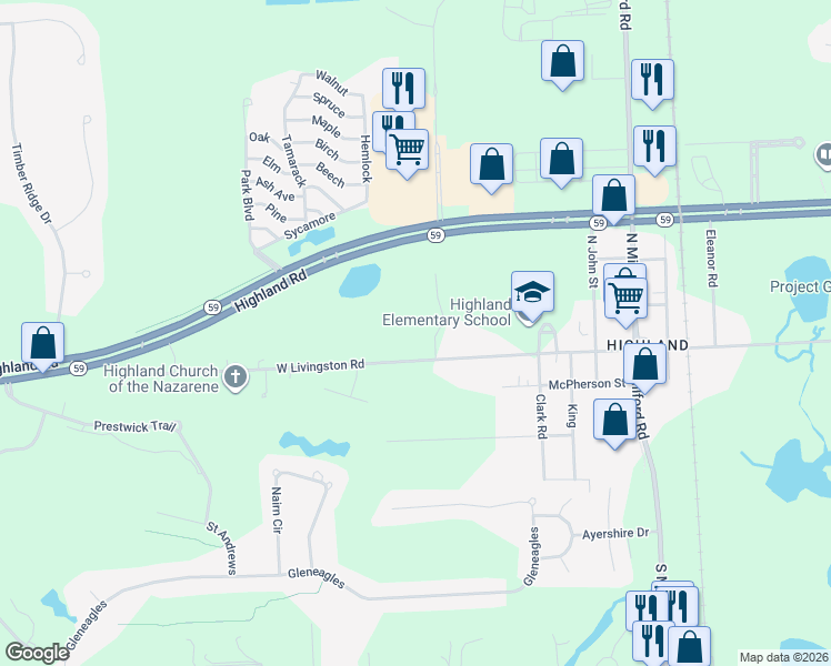 map of restaurants, bars, coffee shops, grocery stores, and more near 744 West Livingston Road in Oakland County