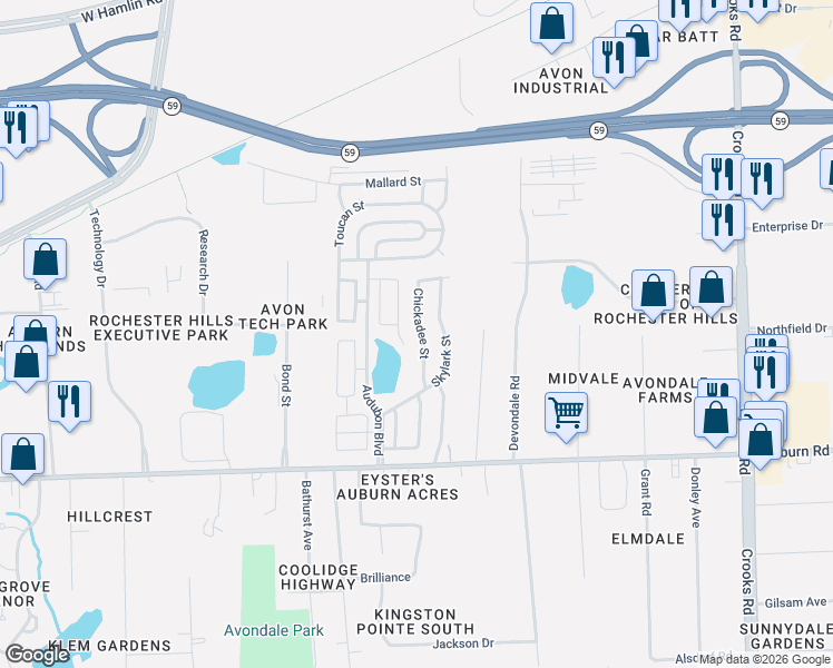 map of restaurants, bars, coffee shops, grocery stores, and more near 2610-2714 Skylark Street in Rochester Hills