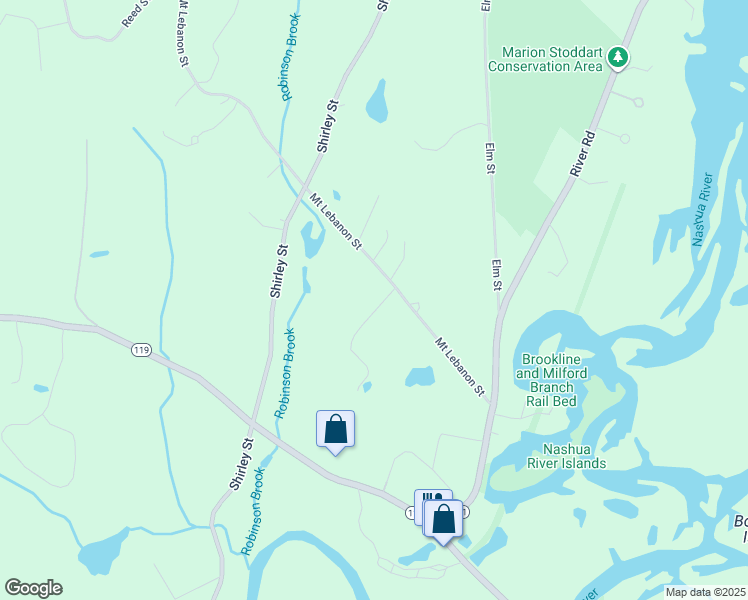 map of restaurants, bars, coffee shops, grocery stores, and more near 93 Mount Lebanon Street in Pepperell