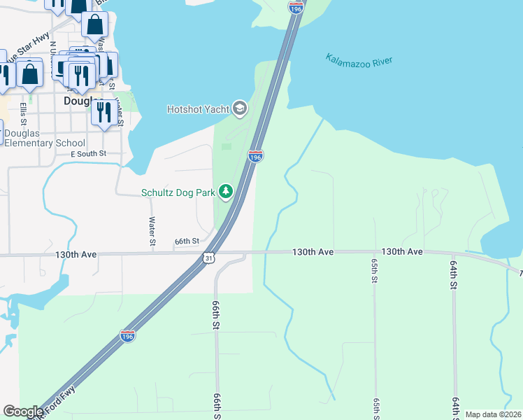 map of restaurants, bars, coffee shops, grocery stores, and more near 6565 Riverside Road in Fennville