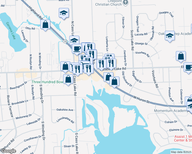 map of restaurants, bars, coffee shops, grocery stores, and more near 3273 West Huron Street in Waterford Township