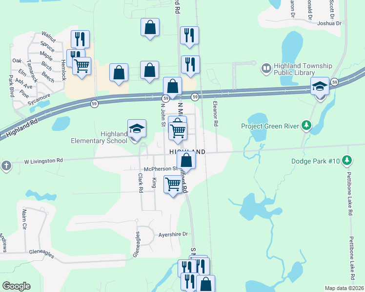 map of restaurants, bars, coffee shops, grocery stores, and more near 134 North Milford Road in Highland Charter Township