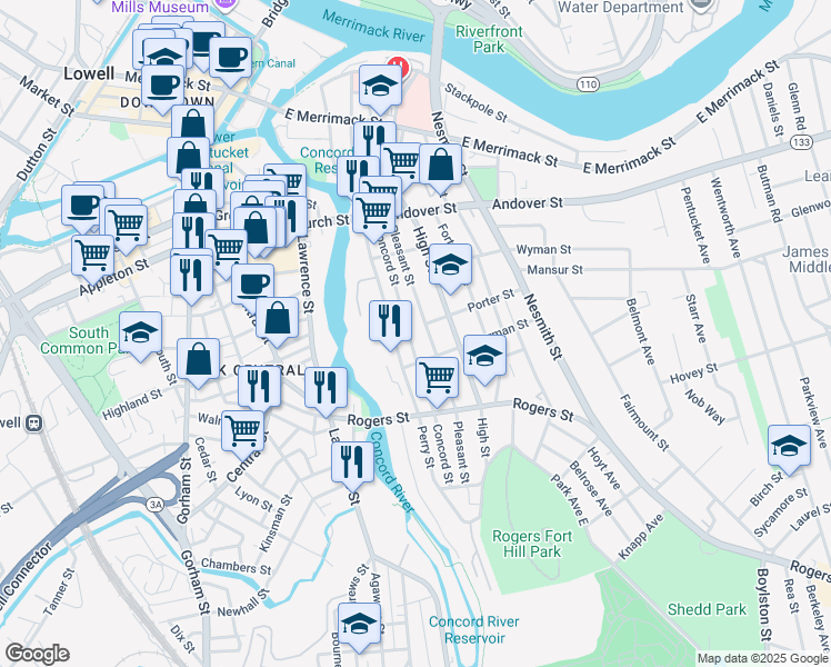 map of restaurants, bars, coffee shops, grocery stores, and more near 114 Pleasant Street in Lowell
