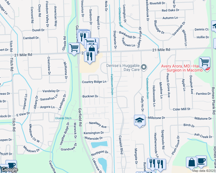map of restaurants, bars, coffee shops, grocery stores, and more near 16685 Durham Drive in Macomb