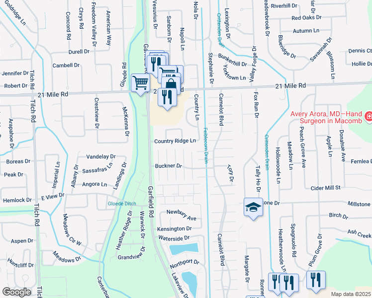 map of restaurants, bars, coffee shops, grocery stores, and more near 16918 Country Ridge Lane in Macomb