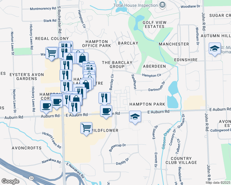 map of restaurants, bars, coffee shops, grocery stores, and more near 745 Barclay Circle in Rochester Hills