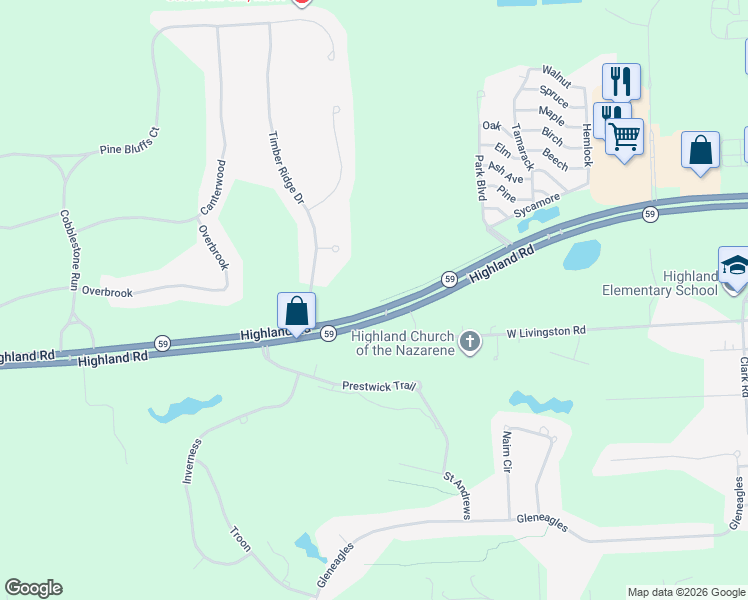 map of restaurants, bars, coffee shops, grocery stores, and more near 2016 Highland Road in Highland Charter Township