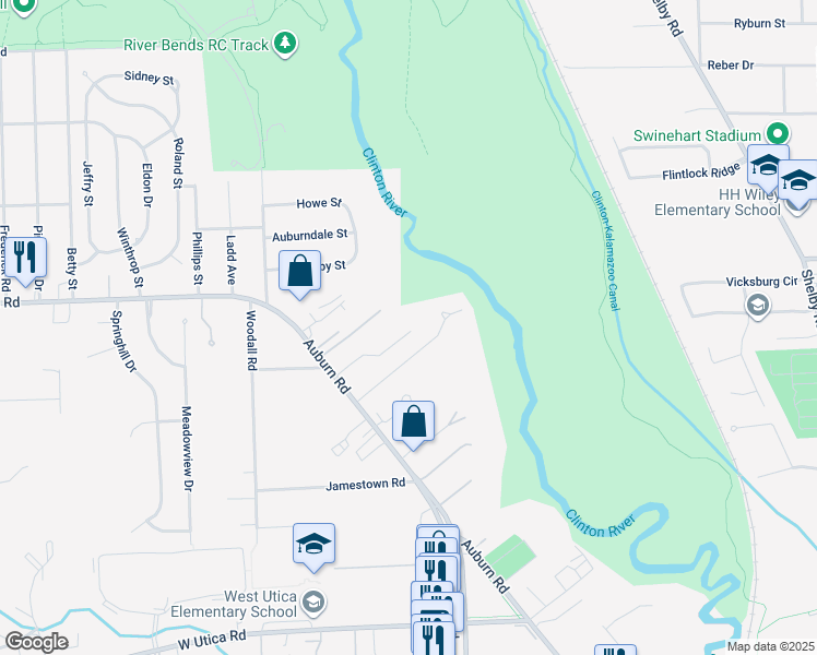 map of restaurants, bars, coffee shops, grocery stores, and more near 5405 Auburn Road in Macomb County