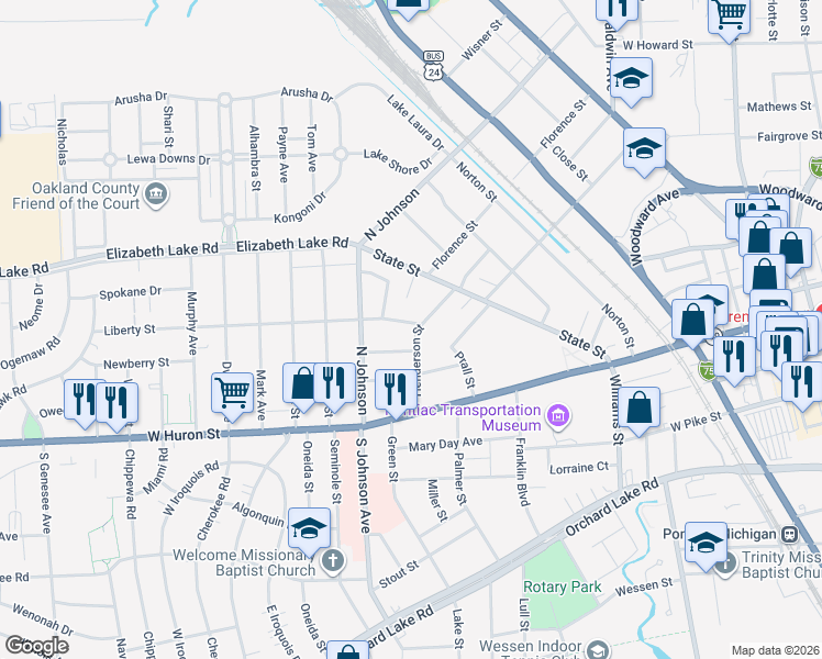 map of restaurants, bars, coffee shops, grocery stores, and more near 9 Liberty Street in Pontiac