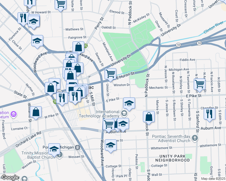 map of restaurants, bars, coffee shops, grocery stores, and more near 56 Union Street in Pontiac