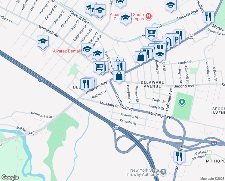 map of restaurants, bars, coffee shops, grocery stores, and more near 21 Southern Boulevard in Albany