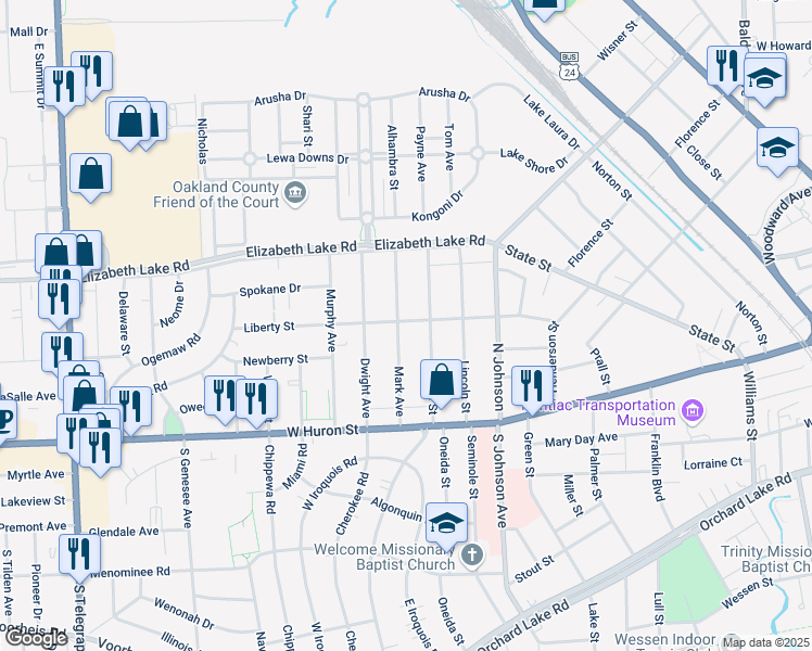map of restaurants, bars, coffee shops, grocery stores, and more near 123 Mark Avenue in Pontiac