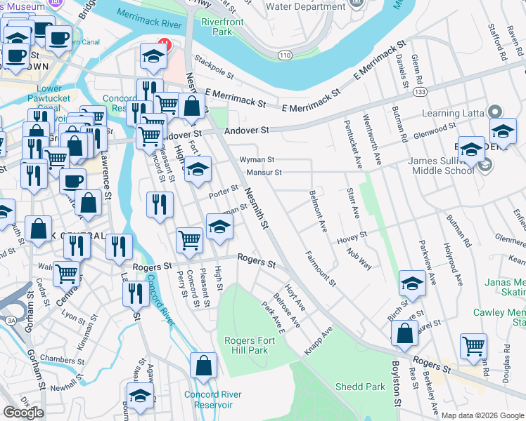 map of restaurants, bars, coffee shops, grocery stores, and more near 234 Nesmith Street in Lowell