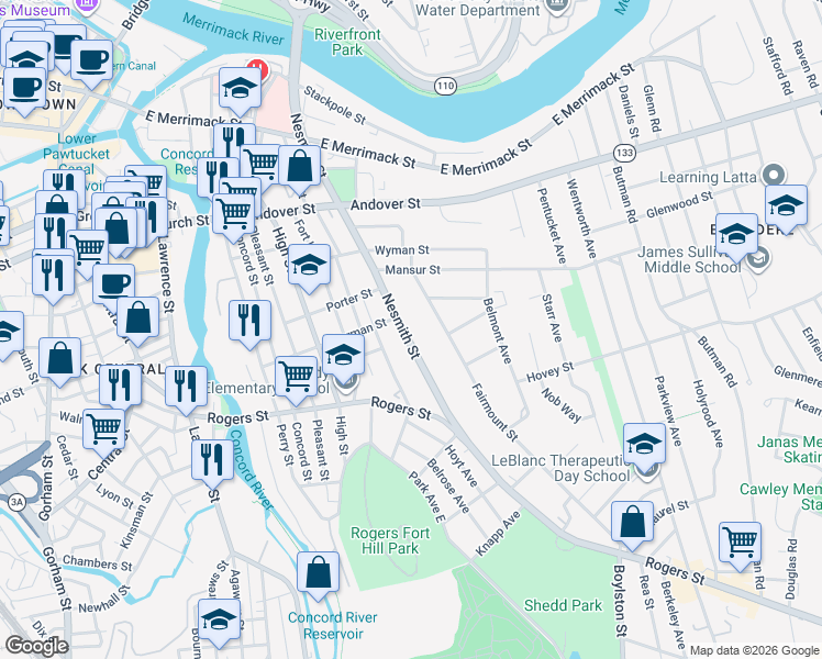 map of restaurants, bars, coffee shops, grocery stores, and more near 234 Nesmith Street in Lowell