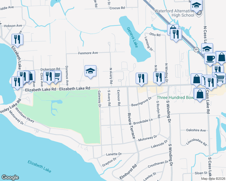 map of restaurants, bars, coffee shops, grocery stores, and more near 20 Exmoor Road in Waterford Township