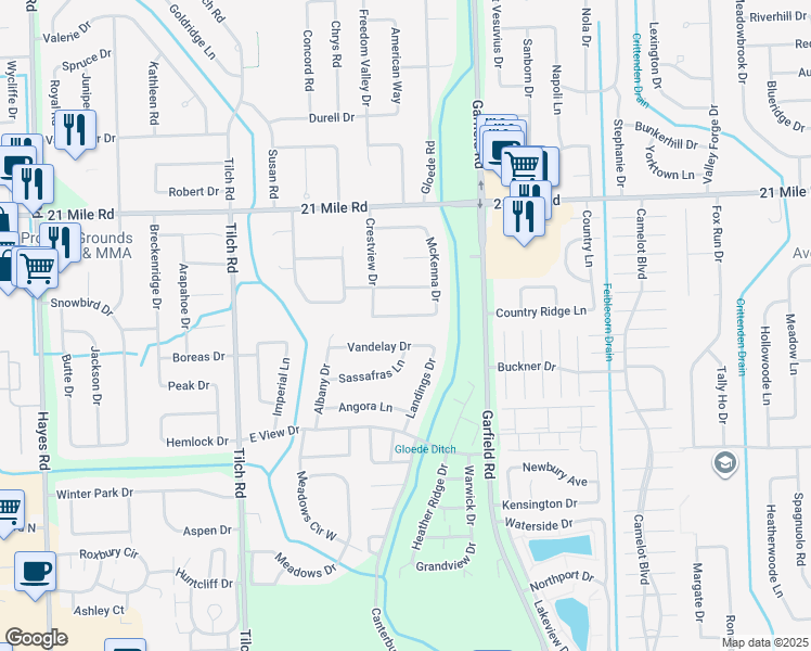 map of restaurants, bars, coffee shops, grocery stores, and more near 16395 Woodstock Drive in Macomb