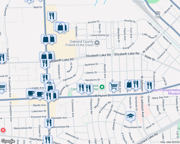 map of restaurants, bars, coffee shops, grocery stores, and more near 290 Liberty Street in Pontiac