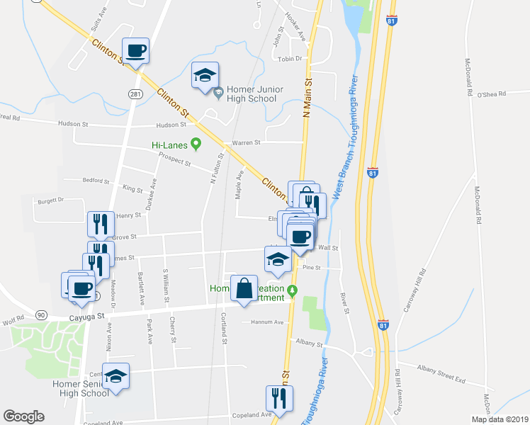 map of restaurants, bars, coffee shops, grocery stores, and more near 13 Elm Avenue in Homer