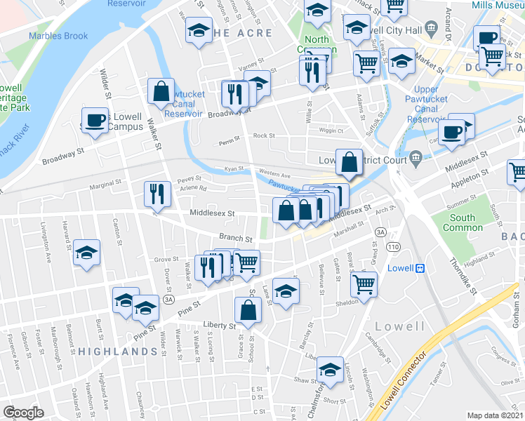map of restaurants, bars, coffee shops, grocery stores, and more near 423 School Street in Lowell