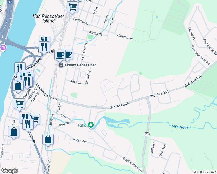 map of restaurants, bars, coffee shops, grocery stores, and more near 7 Elm Court in Rensselaer