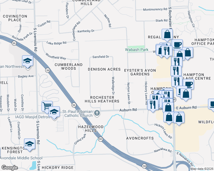 map of restaurants, bars, coffee shops, grocery stores, and more near 2770 Walbridge Road in Rochester Hills
