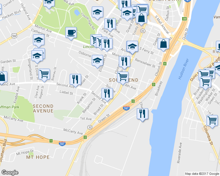 map of restaurants, bars, coffee shops, grocery stores, and more near 3rd Ave & Clinton St in Albany