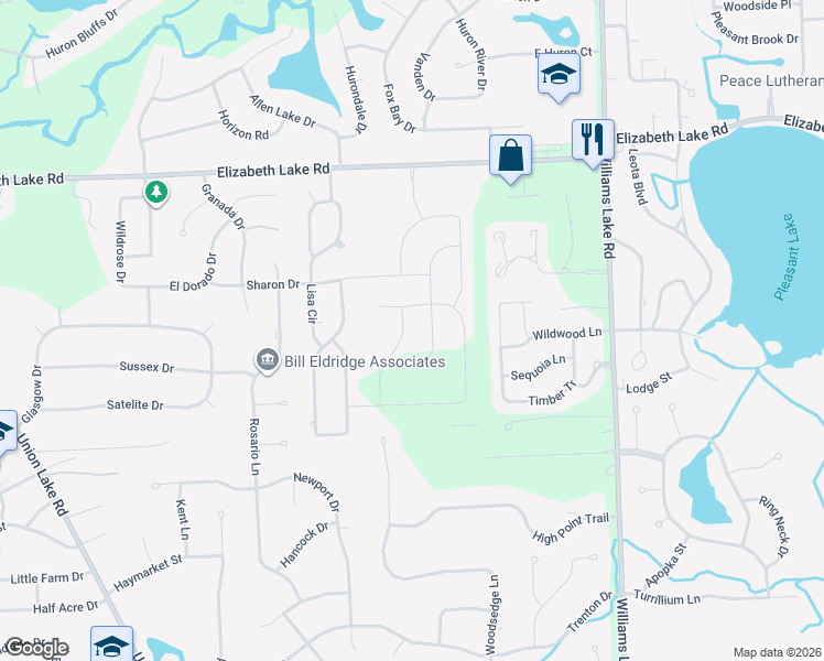 map of restaurants, bars, coffee shops, grocery stores, and more near 251 Melinda Circle in White Lake charter Township