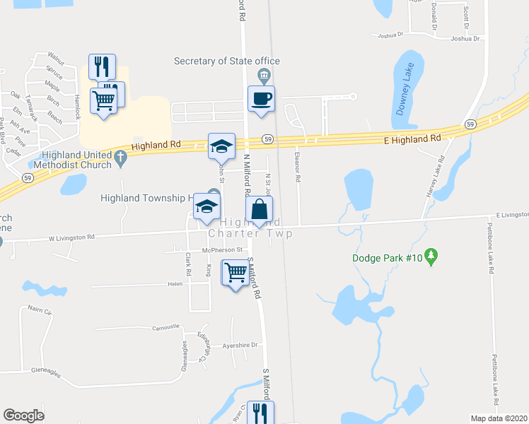 map of restaurants, bars, coffee shops, grocery stores, and more near 155 North Saint John Board in Highland Charter Township