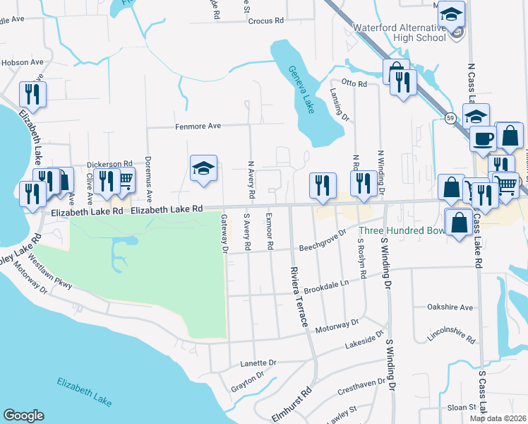 map of restaurants, bars, coffee shops, grocery stores, and more near 20 Exmoor Road in Waterford Township