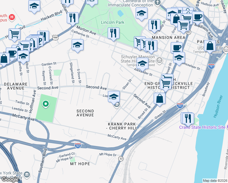 map of restaurants, bars, coffee shops, grocery stores, and more near in Albany