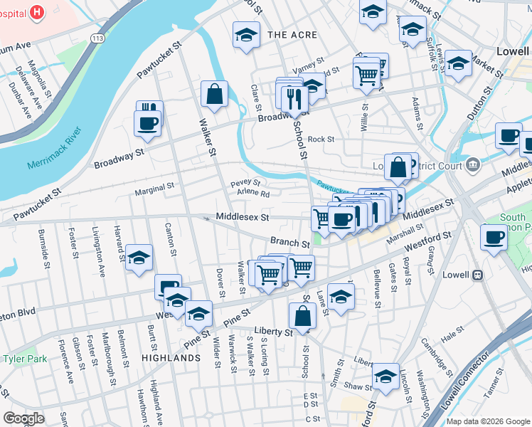 map of restaurants, bars, coffee shops, grocery stores, and more near 999 Middlesex Street in Lowell