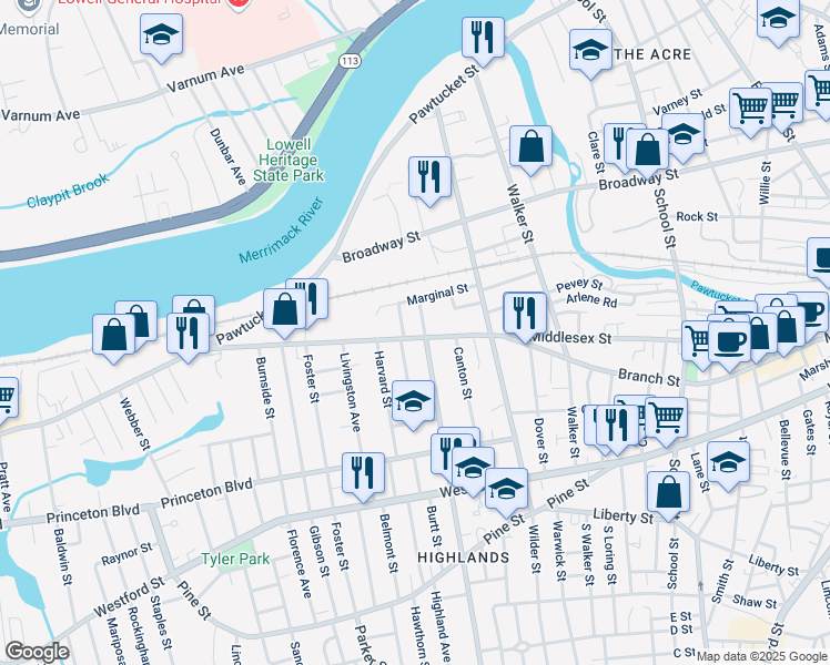 map of restaurants, bars, coffee shops, grocery stores, and more near 22 Glidden Avenue in Lowell