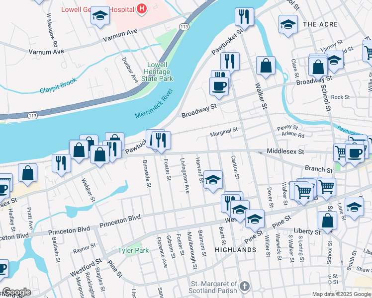 map of restaurants, bars, coffee shops, grocery stores, and more near 1263 Middlesex Street in Lowell