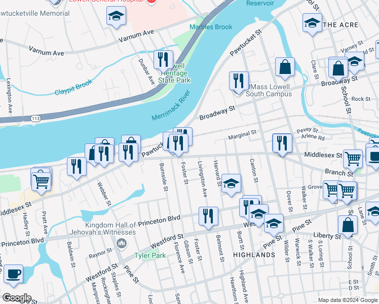 map of restaurants, bars, coffee shops, grocery stores, and more near 1301 Middlesex Street in Lowell