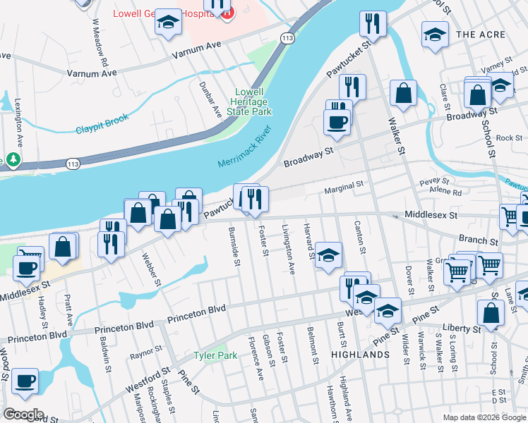 map of restaurants, bars, coffee shops, grocery stores, and more near 1301 Middlesex Street in Lowell