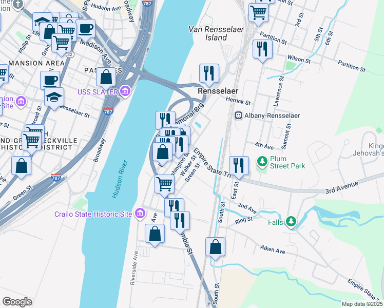 map of restaurants, bars, coffee shops, grocery stores, and more near in Rensselaer