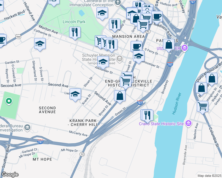 map of restaurants, bars, coffee shops, grocery stores, and more near 3 Teunis Street in Albany