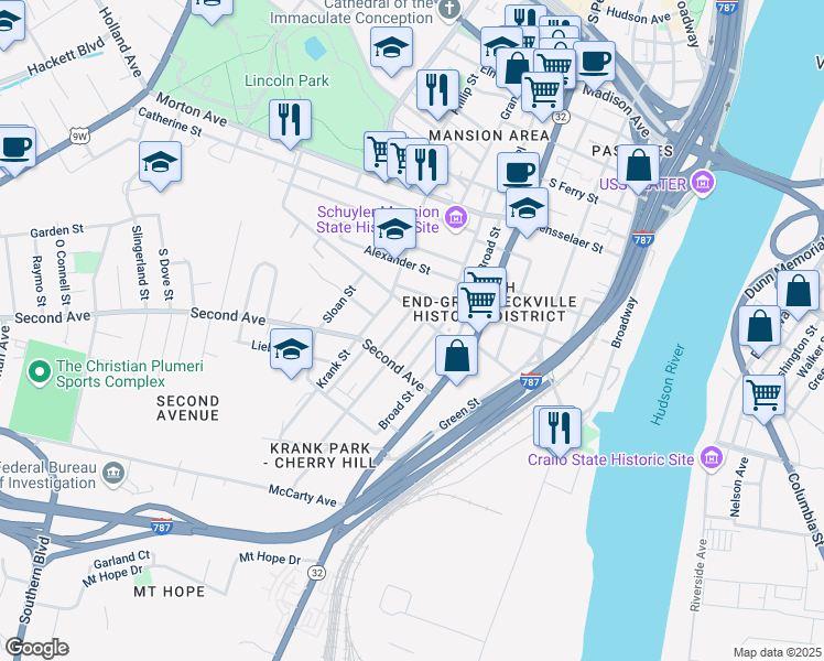 map of restaurants, bars, coffee shops, grocery stores, and more near 3 Teunis Street in Albany