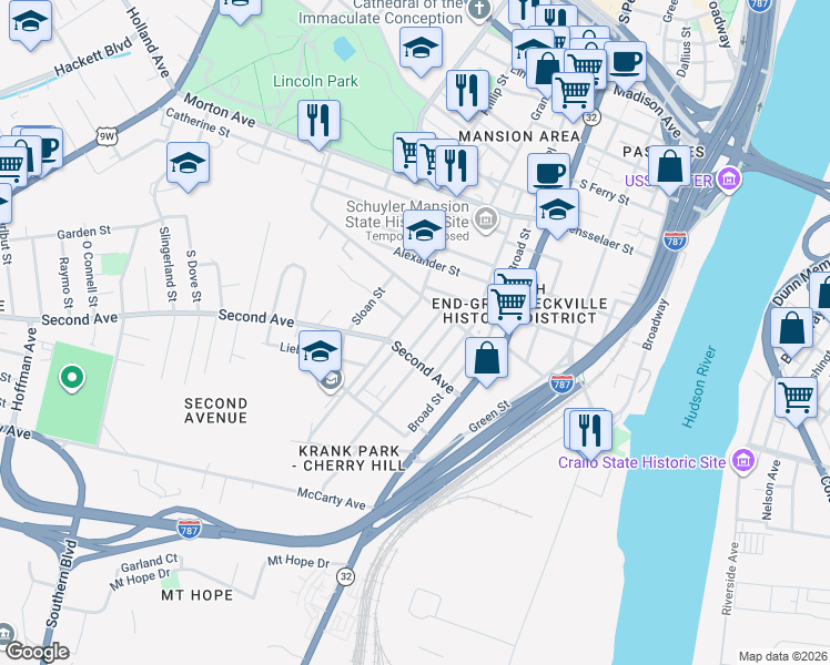 map of restaurants, bars, coffee shops, grocery stores, and more near 92 Elizabeth Street in Albany