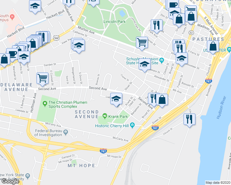 map of restaurants, bars, coffee shops, grocery stores, and more near in Albany