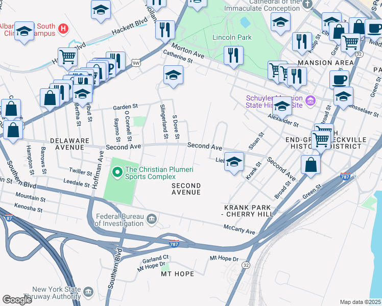 map of restaurants, bars, coffee shops, grocery stores, and more near 196 Second Avenue in Albany