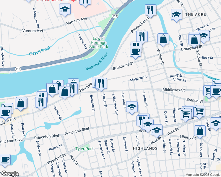 map of restaurants, bars, coffee shops, grocery stores, and more near 1301 Middlesex Street in Lowell