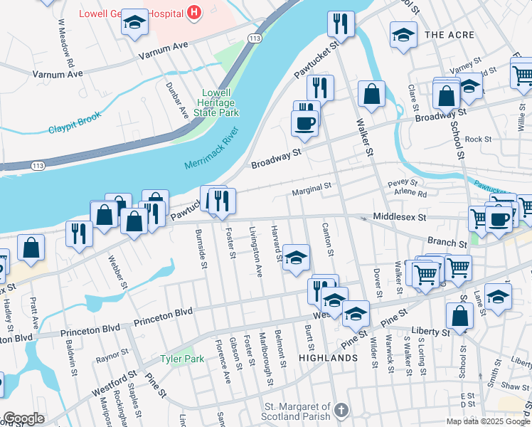 map of restaurants, bars, coffee shops, grocery stores, and more near 1263 Middlesex Street in Lowell